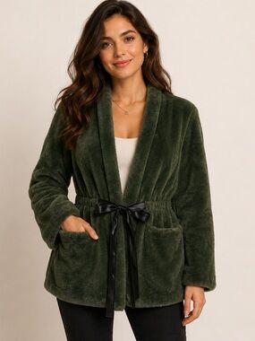 Salt Forest Green Faux Fur Jacket Tie Waist Size S